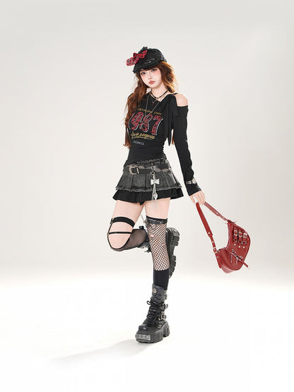 Vintage Number Print Blue/White/Black Asymmetrical Neckline Top