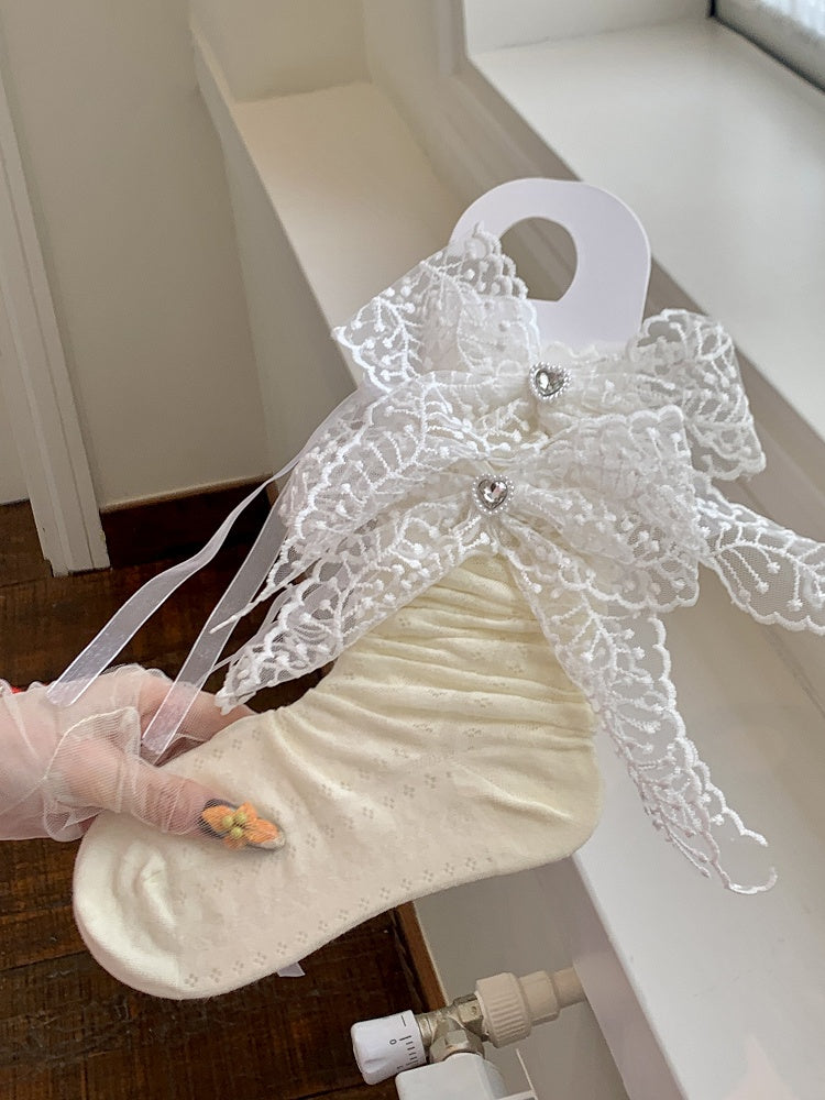 White/Pink/Yellow/Blue Lace Bowknot With Rhinestone Charm Socks