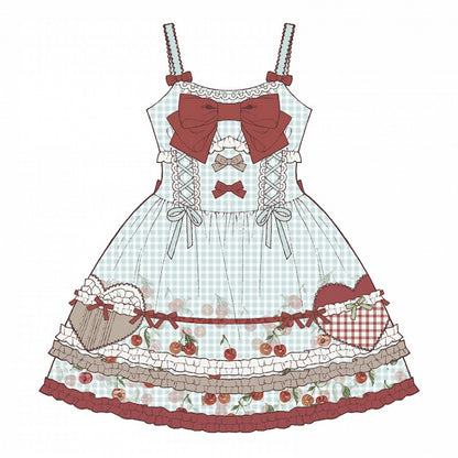 Red Cherry Print Blue Gingham Dress Sweet Lolita Jumper Skirt