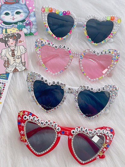 4 Options Letter Design Beaded Decorated Sunglasses
