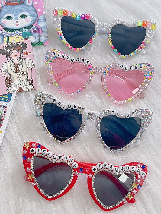 4 Options Letter Design Beaded Decorated Sunglasses
