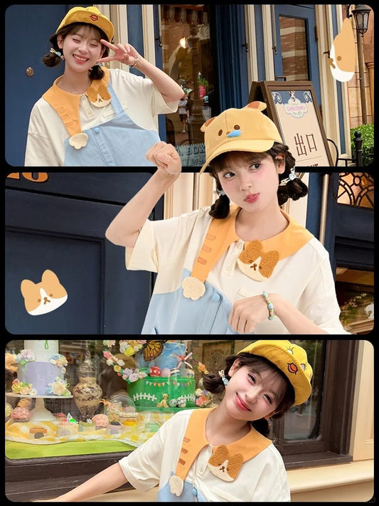 Adorable Kitty Collar Blue and White Colorblock Design Dress Faux Two-pieces