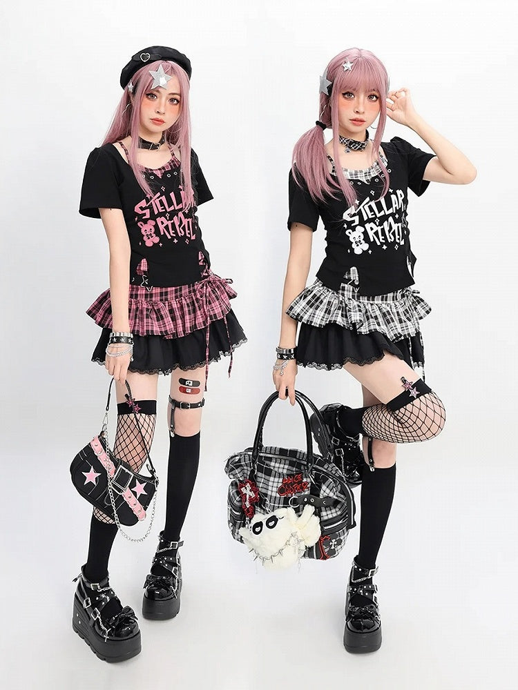 Y2K Black & Pink/Black & White Plaid Star Buckle Tiered Skirt with Lace-up Detail