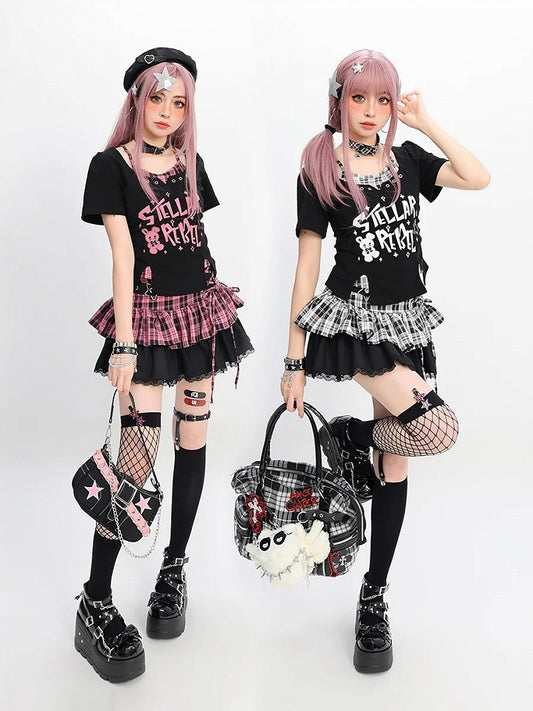 Y2K Black & Pink/Black & White Plaid Star Buckle Tiered Skirt with Lace-up Detail