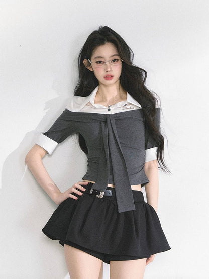 Gray and White Faux Two-pieces T-shirt Self-tie Straps at Neckline