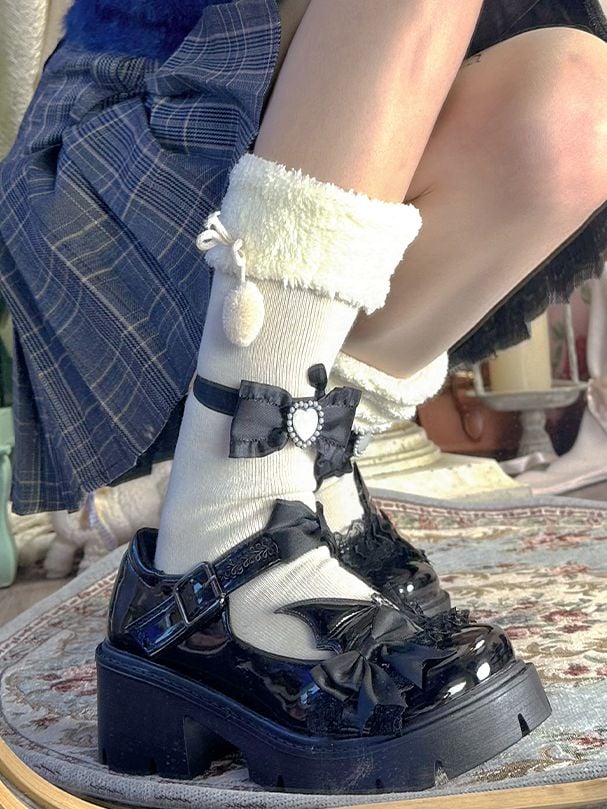 Polished Black Round Toe Bow at Top Lace Trim 6CM Block Heel Mary Janes