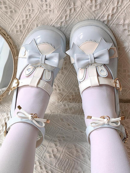 Polished Blue Sweet Lolita Heart Details Bunny Ear Bow at Top T-strap Platforms