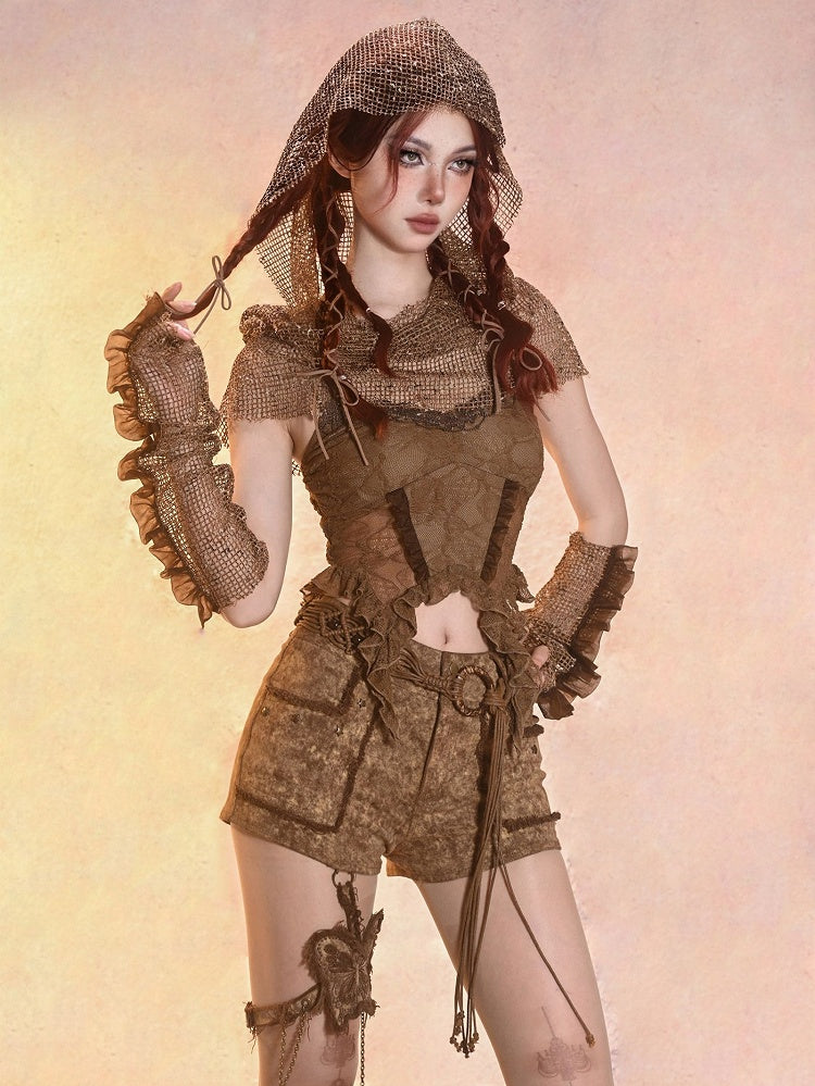 Sand Brown Wasteland Punk Denim Hot Shorts with Butterfly Garter and Tassel Belt