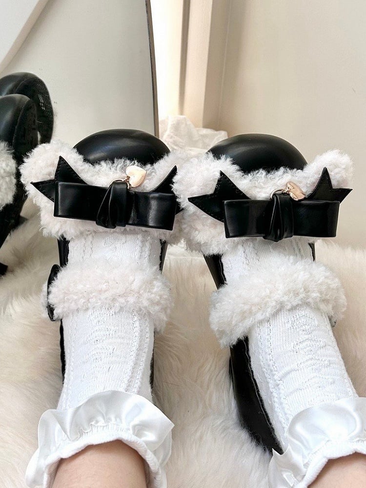 Plush Velcro Strap Black Bow at Top Flats