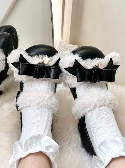 Plush Velcro Strap Black Bow at Top Flats