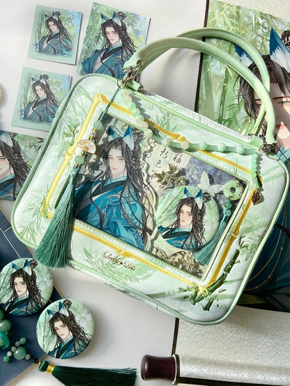 Light Green Bamboo Leaf Pattern Cheongsam Style Ita Shoulder Bag with Detachable Beaded Chain