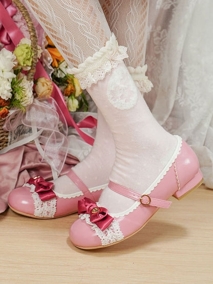 Elegant Rose Pink Lolita Low-heel Mary Janes - Heart Accent Bow, Lace Edging & Circle Buckle