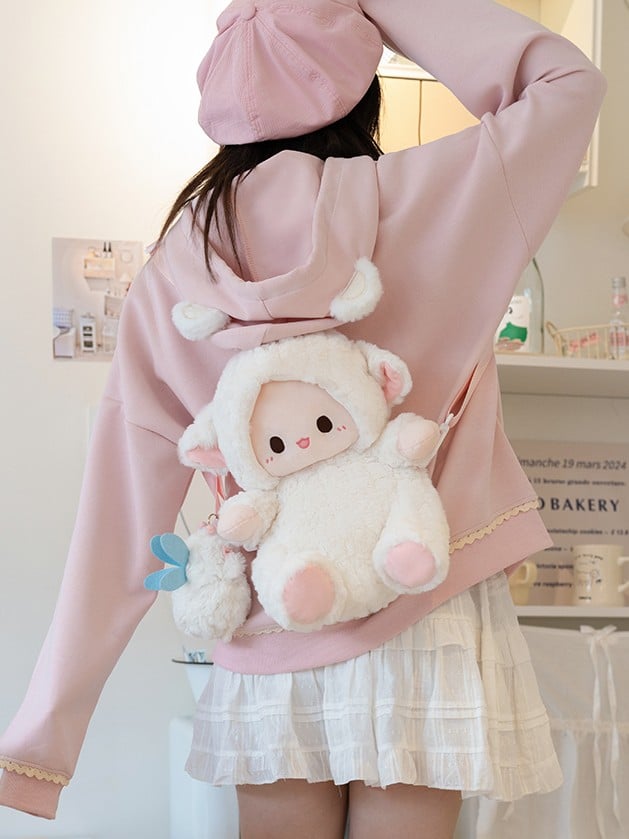 White Plush Lamb Backpack And Detachable Pink Canvas Bag Set