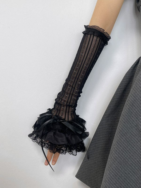 White/Black Lolita Lace Ruffled Cuffs Semi-sheer Striped Sleeves With Self-tie Straps