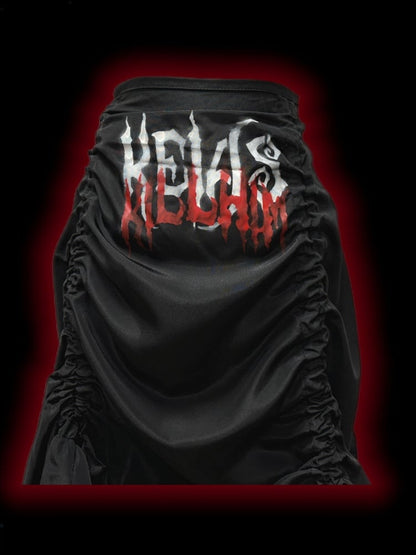 Gothic Black Letters Print Ruched Design High-low Punk Skirt with Free Cross Charms Waist Chain