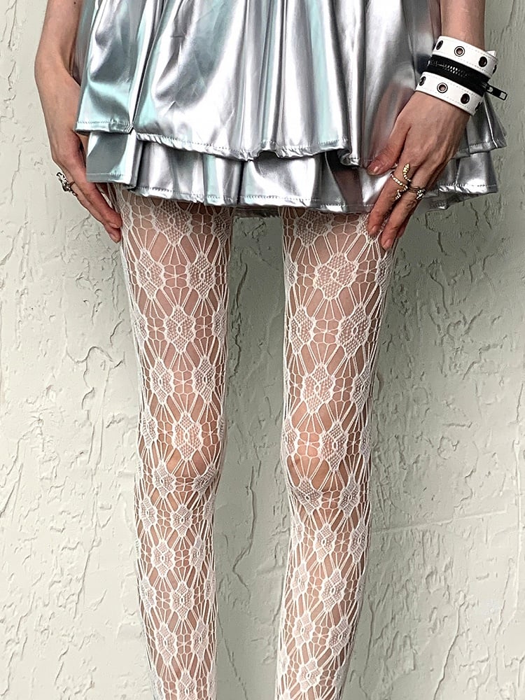 White Y2K Cut-out Design Floral Pattern Tights