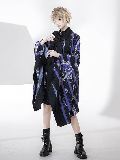 Black and Purple Striped Pattern Haori Poker and Tea Cup Print