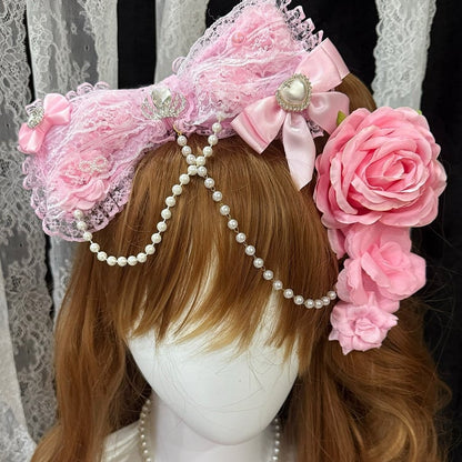 Pink Rhinestone Crown And Heart Decorated Lace Trim Bead Chain Bowknot Hairclip With 3 Floral Hairclips