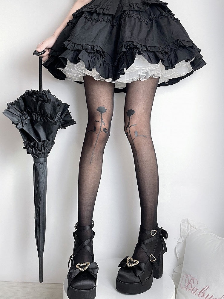 Gothic Lolita Black Semi-sheer Rosette Print Tights