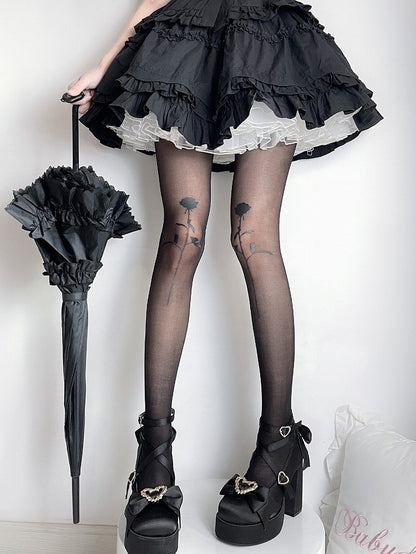 Gothic Lolita Black Semi-sheer Rosette Print Tights