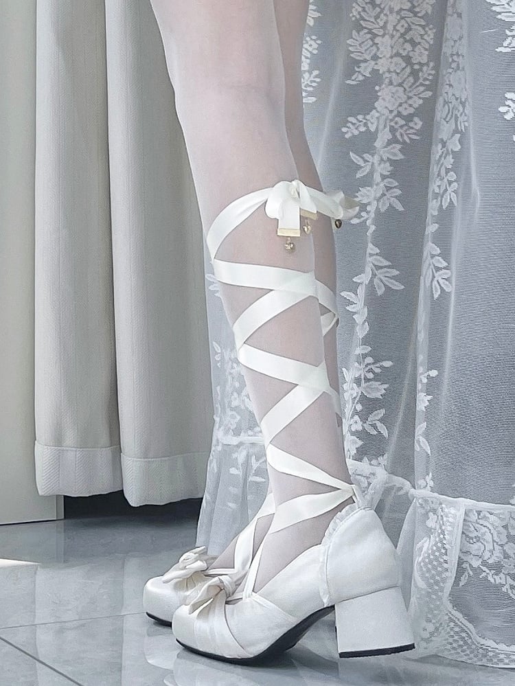 Creamy White Elegant Bow at Top Mary Janes With Dual Detachable Buckle Ankle Straps