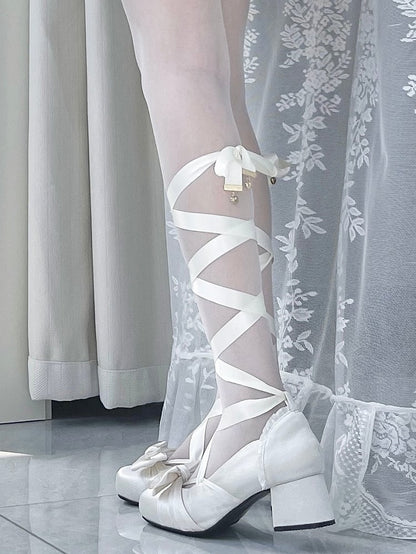 Creamy White Elegant Bow at Top Mary Janes With Dual Detachable Buckle Ankle Straps