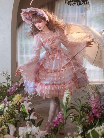 Purple and Pink Bow Accents Tiered Skirt Hanayome Hime Lolita Jumper Skirt