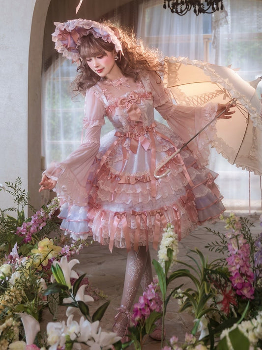 Purple and Pink Bow Accents Tiered Skirt Hanayome Hime Lolita Jumper Skirt