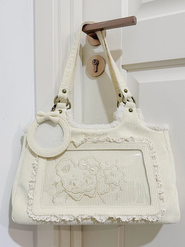 Corduroy Lace Trim Creamy White Daily Ita bag with Card Holder Charm
