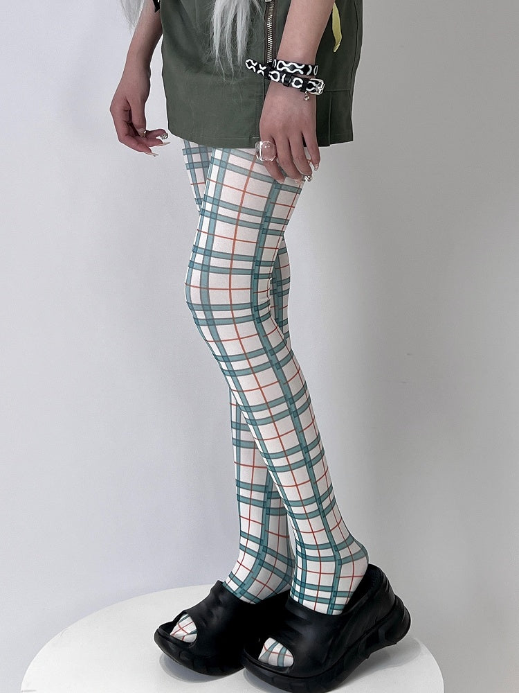White&Green/Purple Y2K Plaid Tights