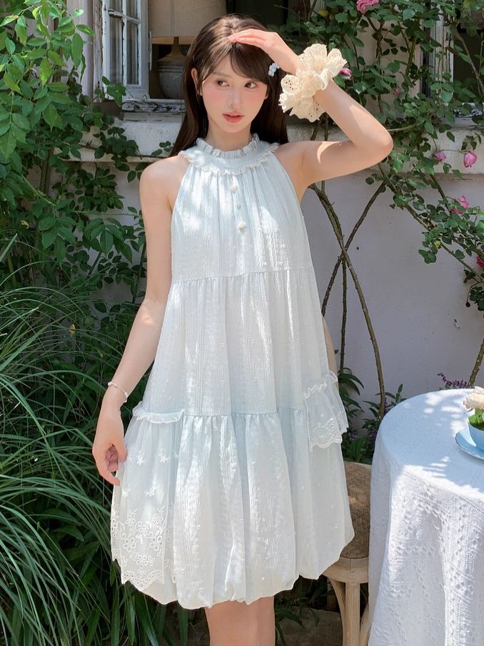 Light Blue Ruffled Halter Neck Bead Buttons Sleeveless Dress Bubble Skirt