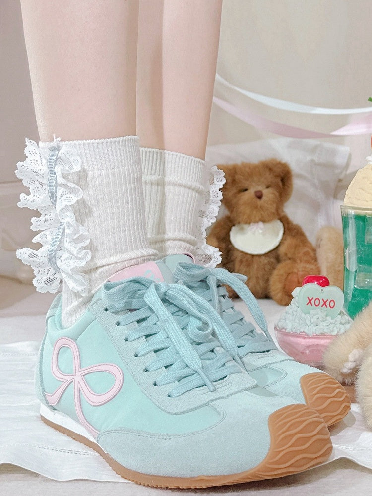 Green Bowknot Design Front Lace-up Ties Sneakers