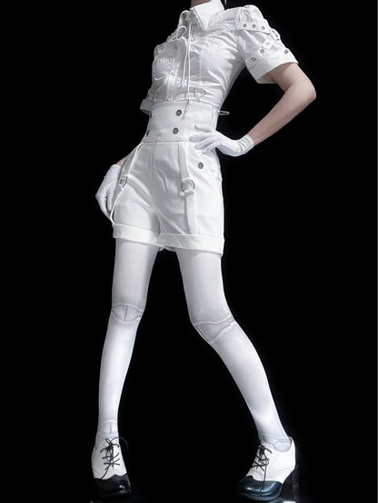 White Ouji Lolita Fashion Lace-up Neckline Short Sleeves Shirt