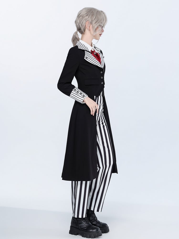Ouji Fashion Clown Vibes White Striped Lapel Collar Black Tailcoat Halloween Outfit