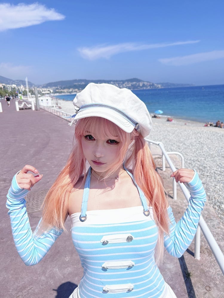 Blue Striped Pattern Navycore Self-tie Halter Dress Tiered Skirt with Free Armwear