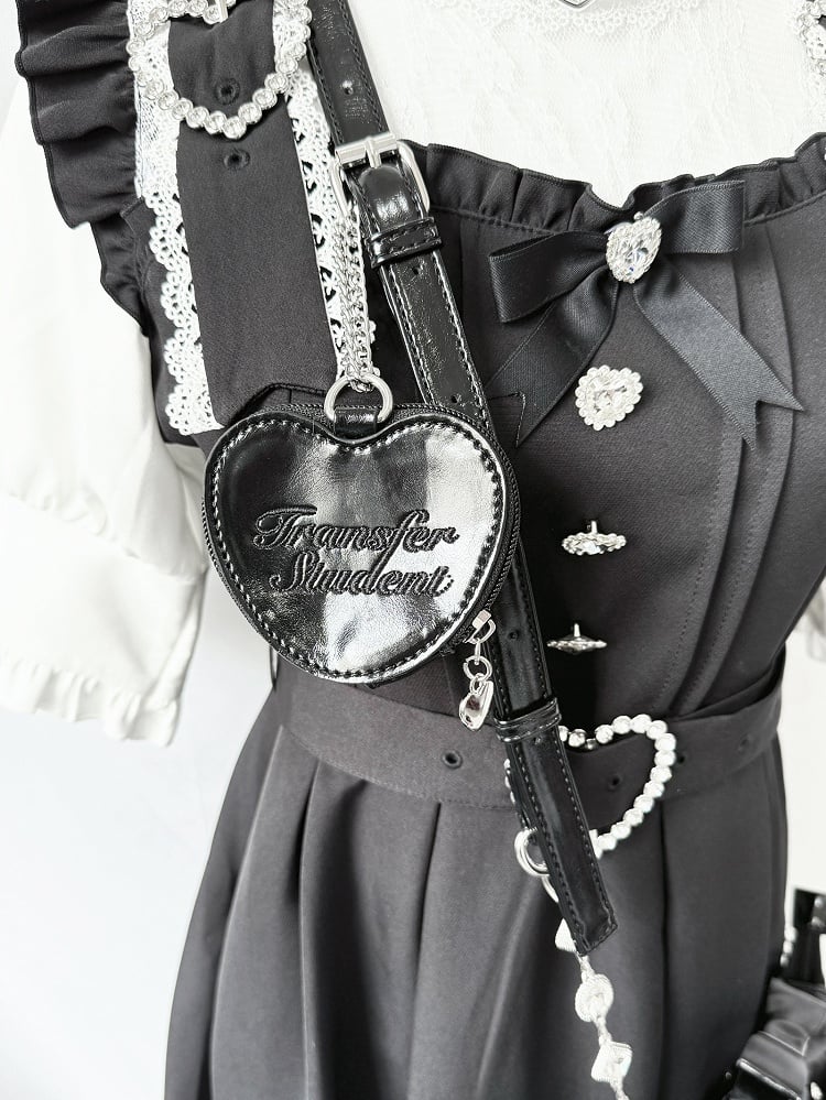 Black Jirai Kei Crossbody Bag - Interchangeable Rhinestone Strap & Crown Bow with Heart Bag