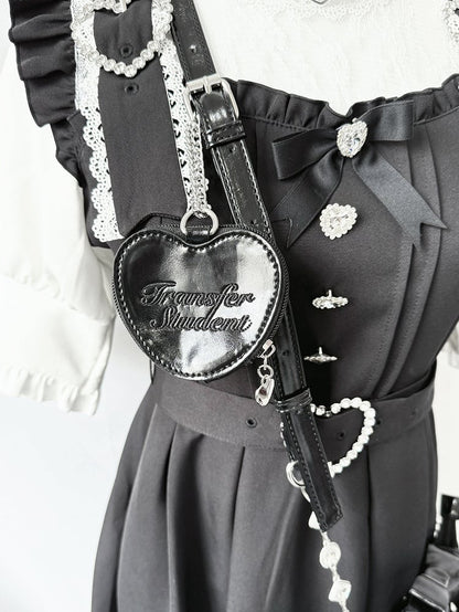 Black Jirai Kei Crossbody Bag - Interchangeable Rhinestone Strap & Crown Bow with Heart Bag