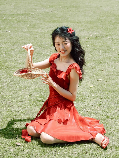 Red Vintage Flutter Sleeves Summer Dress