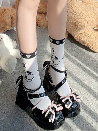 Black and Pink Bow at Top High Block Heel Mary Janes Buckle Ankle Strap