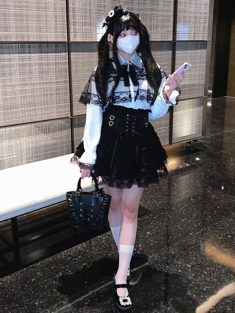 Jirai Kei High Waist Tiered Lace Skirt | Heart Buckles & Lace-Up Detail | 5 Colors