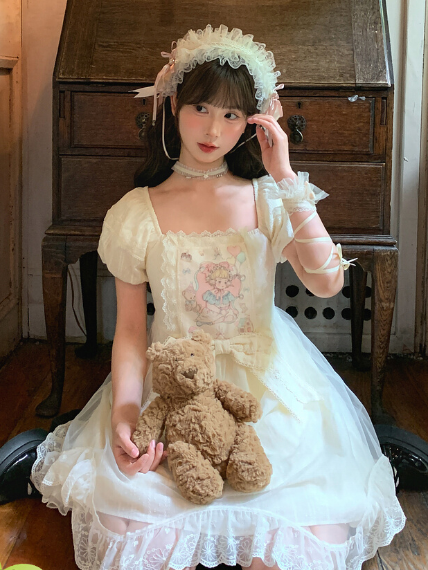 Sweet Fairy Tale Print Apricot Square Neckline and Short Puff Sleeves Big Bow Waist Casual Lolita Dress