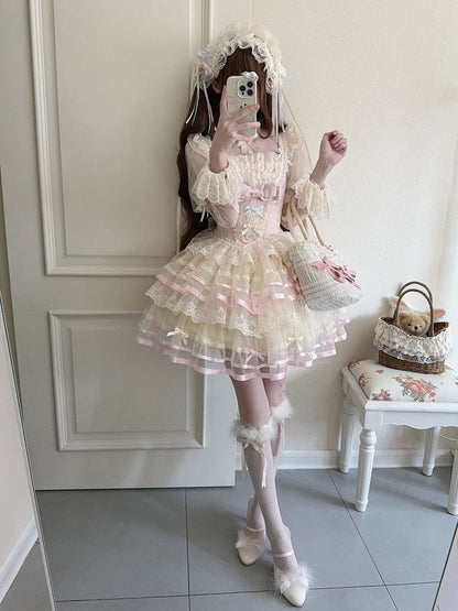 Pink Corset Waist Layered Tulle Skirt Princess Lolita JSK with Big Bow at Back