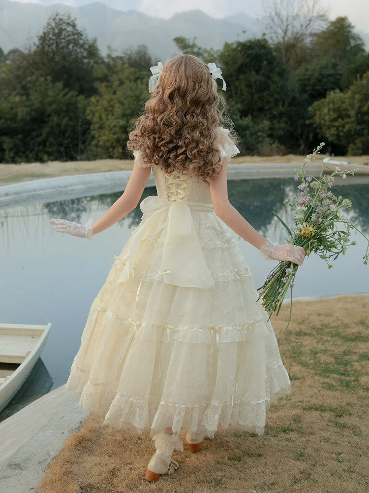 Creamy White Beads Neckline Ribbon Bow Accents Princess Lolita Dress