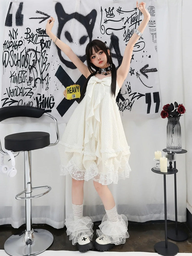 Apricot Big Bow Neckline Lace Trim Cami Dress Bubble Skirt