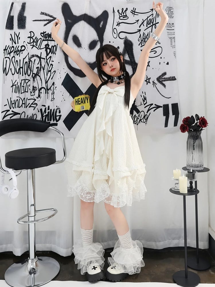 Apricot Big Bow Neckline Lace Trim Cami Dress Bubble Skirt