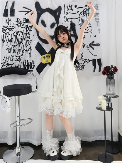 Apricot Big Bow Neckline Lace Trim Cami Dress Bubble Skirt