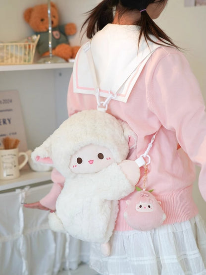 Cute Little Lamb White Plush Backpack/Crossbody Bag + Keychain