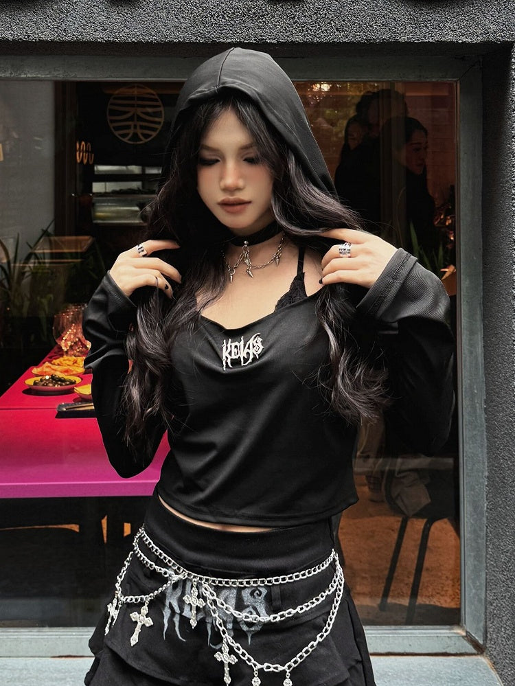 Punk Letters Decorated Black Cropped Hoodie