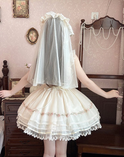 Beige Ribbon Bowknots Decoration Boned Waist Balletcore Sweet Lolita Dress Flutter Sleeves JSK