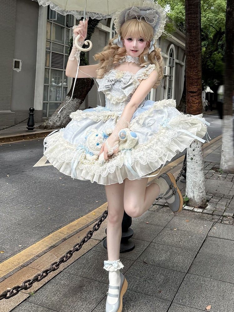 Blue Jacquard Fabric Sweet Bow Accents Dress Lolita Jumper Skirt